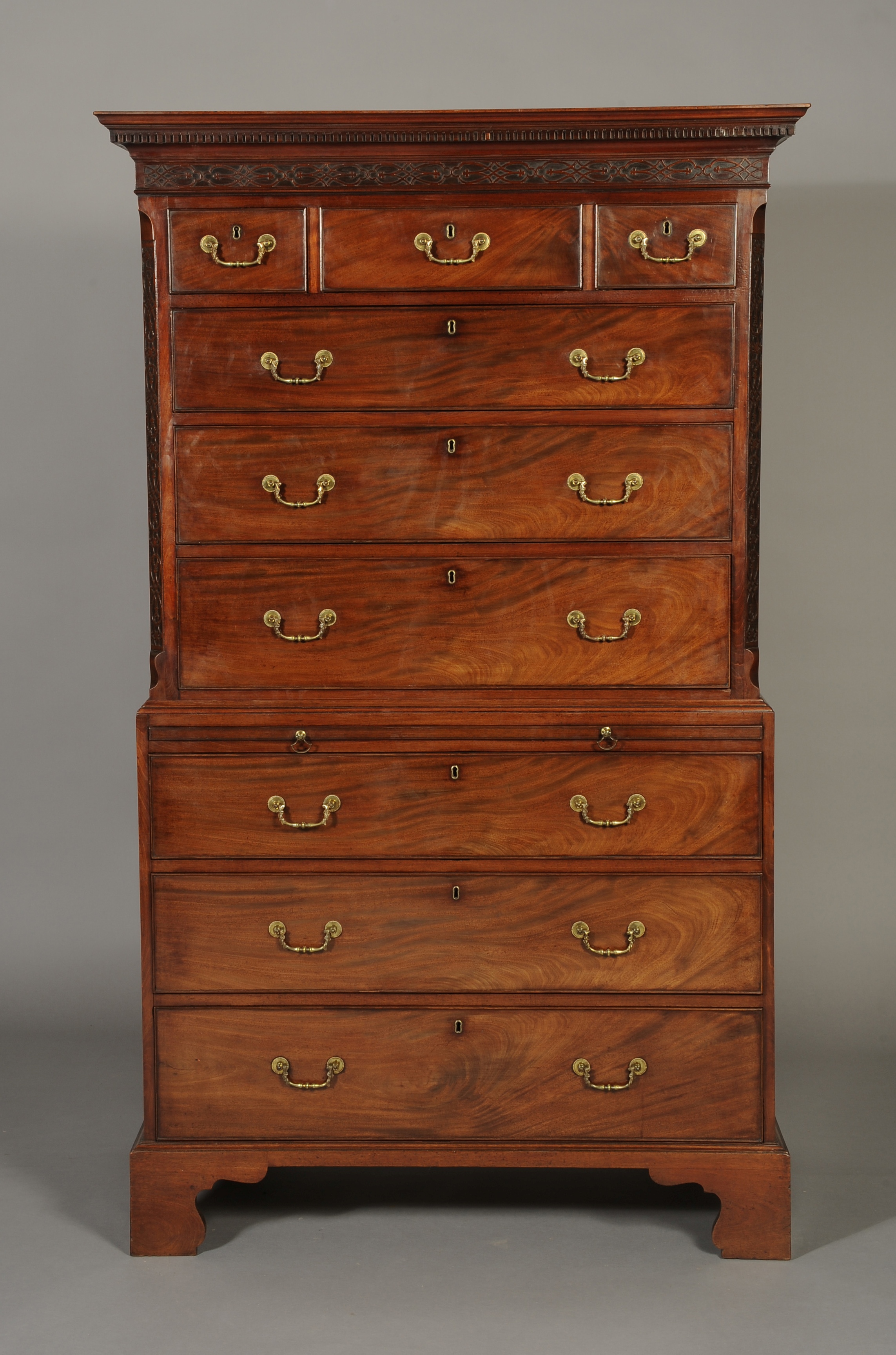 A MID 18TH CENTURY MAHOGANY CHEST ON CHE