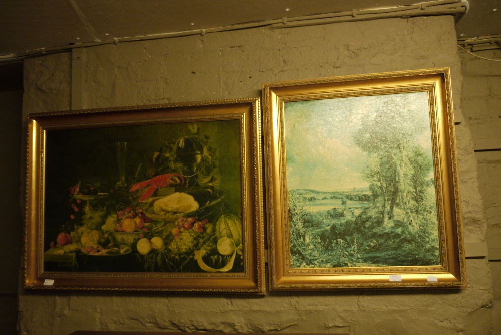 Two colour prints, a still life of fruit