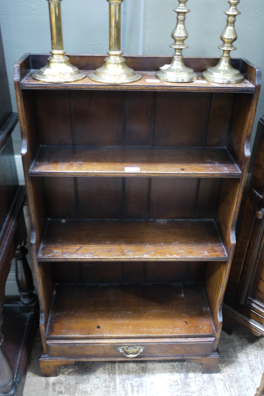 A set of oak waterfall bookshelves with