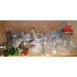 A shelf of assorted table glass, bowls v