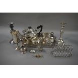Assorted silver plate, candlesticks, toa