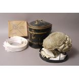 A barrister's wig in a toleware black and gilt case with carrying handle and lettered for R.A.