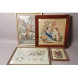 A 19th century needlework panel of a young boy and spaniel in a garden in a mahogany frame,