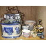 A reproduction blue and white foot bath,