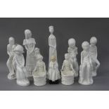 Six Spode figures in the white, another Victoria, two spill vases in the white,
