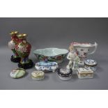 A Chinese lobed famille rose dish, two Chinese cloisonné vases, a reproduction Chinese style ewer,
