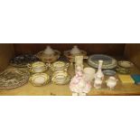 A Coalport figure of a lady, four Minton soup bowls and saucers, a pair of vegetable tureens,