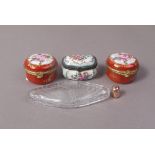 Three French porcelain hinged snuff boxes,