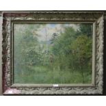 20th century oil on canvas lady in woodland,
