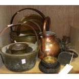 Five brass jam pans, a copper tea kettle, a black lacquered metal car horn, two cast pheasants,