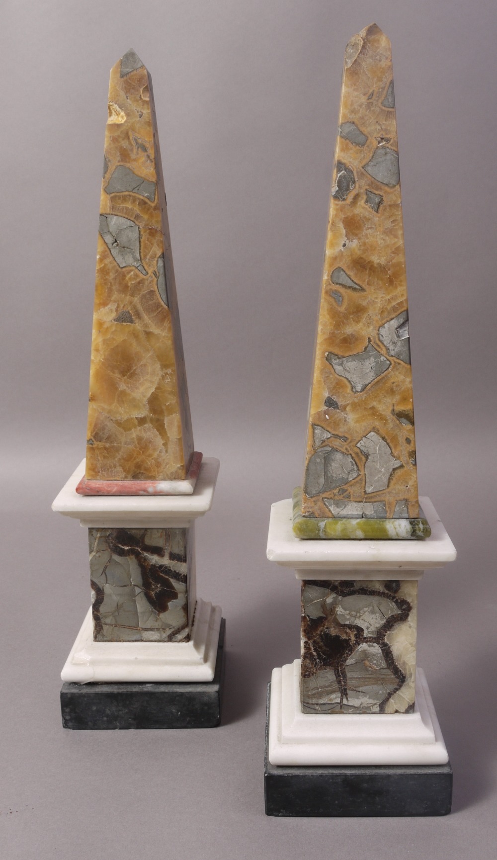 A PAIR OF 19TH CENTURY COLOURED MARBLE OBELISKS,