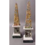 A PAIR OF 19TH CENTURY COLOURED MARBLE OBELISKS,