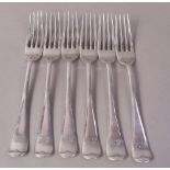 A SET OF SIX OLD ENGLISH PATTERN TABLE FORKS by JR Sheffield 1899, each with engraved initial EL,