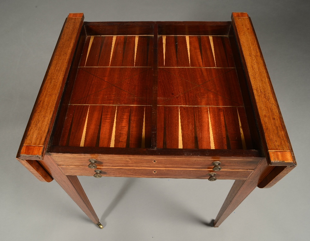A LATE GEORGE III ROSEWOOD PEMBROKE GAMES TABLE, of rectangular outline with two rounded fall flaps, - Image 3 of 3