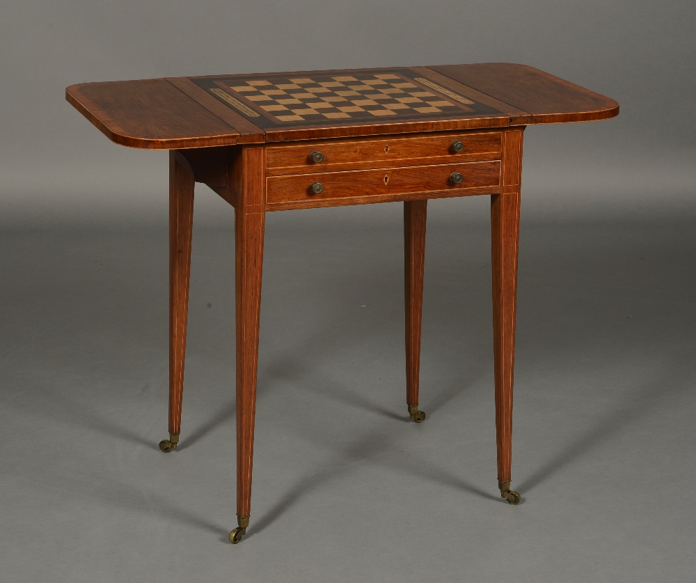 A LATE GEORGE III ROSEWOOD PEMBROKE GAMES TABLE, of rectangular outline with two rounded fall flaps,