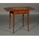 A LATE GEORGE III ROSEWOOD PEMBROKE GAMES TABLE, of rectangular outline with two rounded fall flaps,