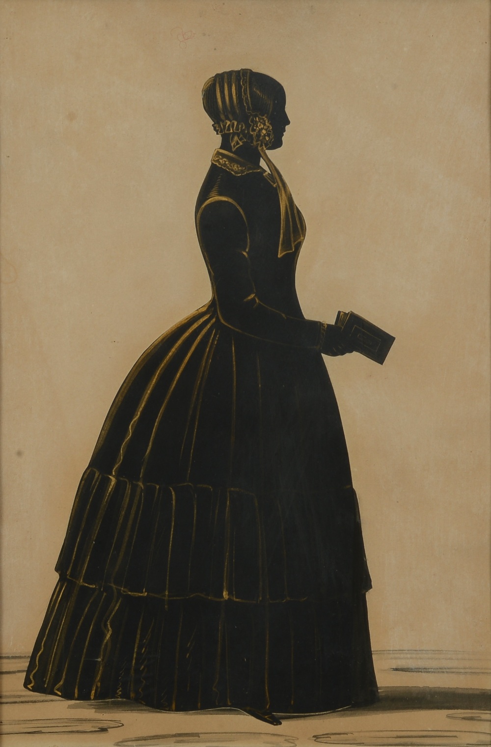 19TH CENTURY ENGLISH SCHOOL, A portrait silhouette of a lady, holding a book, facing sinister,