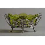 A WMF SILVER PLATED AND GREEN GLASS TWO HANDLED BASKET, of oval outline,