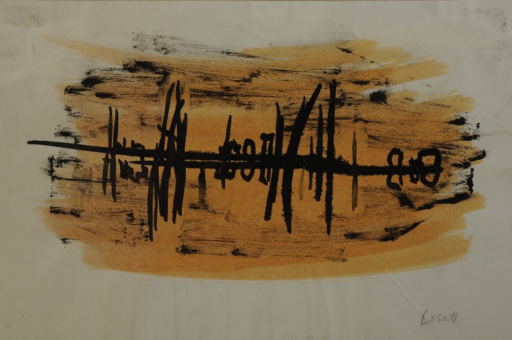 ARR DRUIE BOWETT (1924-1998) Untitled, black and amber, pen and ink and wash, signed to lower right,