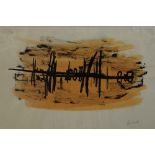 ARR DRUIE BOWETT (1924-1998) Untitled, black and amber, pen and ink and wash, signed to lower right,