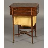 AN EARLY 19TH CENTURY PAINTED MAHOGANY AND SATINWOOD WORK TABLE of canted rectangular form,