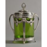 A WMF SILVER PLATED AND GREEN GLASS BISCUIT BARREL, domed cover with laurel wreath finial,