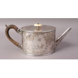 A GEORGE III SILVER TEAPOT, Charles Aldridge and Henry Green, of plain oval form with bead border,