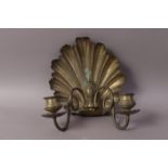 A 19TH CENTURY BRASS SHELL DOUBLE WALL SCONCE,