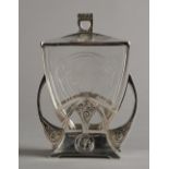 A SECESSIONIST SILVER PLATED AND ETCHED CLEAR GLASS TWO HANDLED BISCUIT BARREL AND COVER of