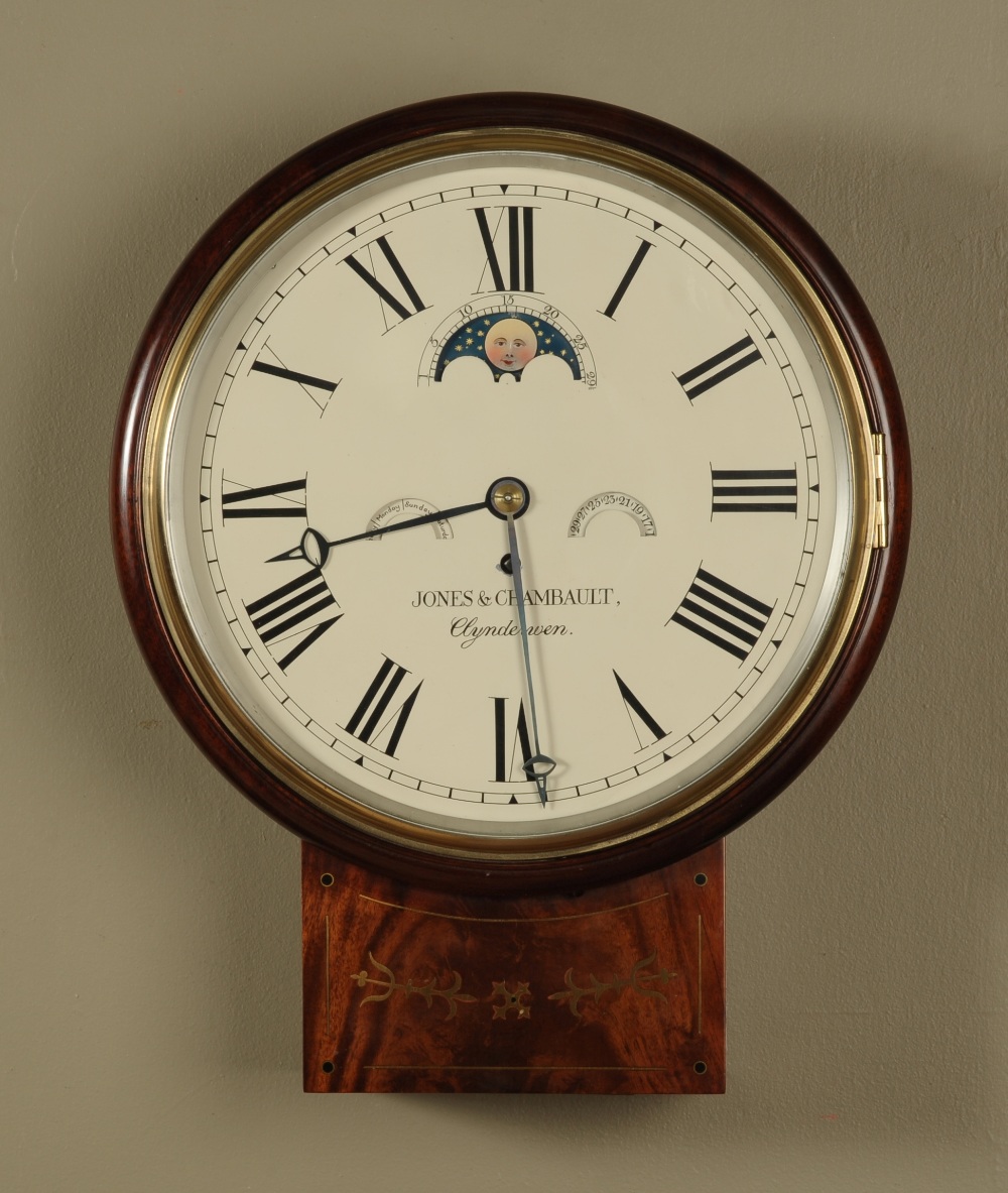 A REGENCY MAHOGANY DROP-DIAL TIMEPIECE, the painted dial inscribed Jones & Chambault, Clyndenven,