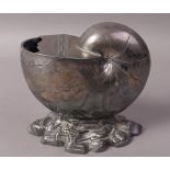 A VICTORIAN SILVER PLATED BRITANNIA METAL NAUTILUS SHELL SPOON WARMER,