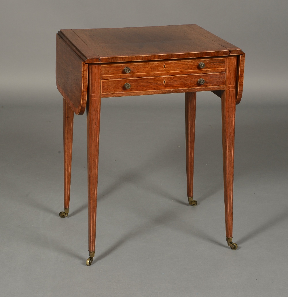 A LATE GEORGE III ROSEWOOD PEMBROKE GAMES TABLE, of rectangular outline with two rounded fall flaps, - Image 2 of 3