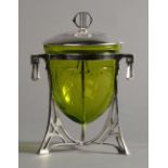 A WMF SILVER PLATED AND ETCHED GREEN GLASS LIDDED BOWL, with pierced finial,