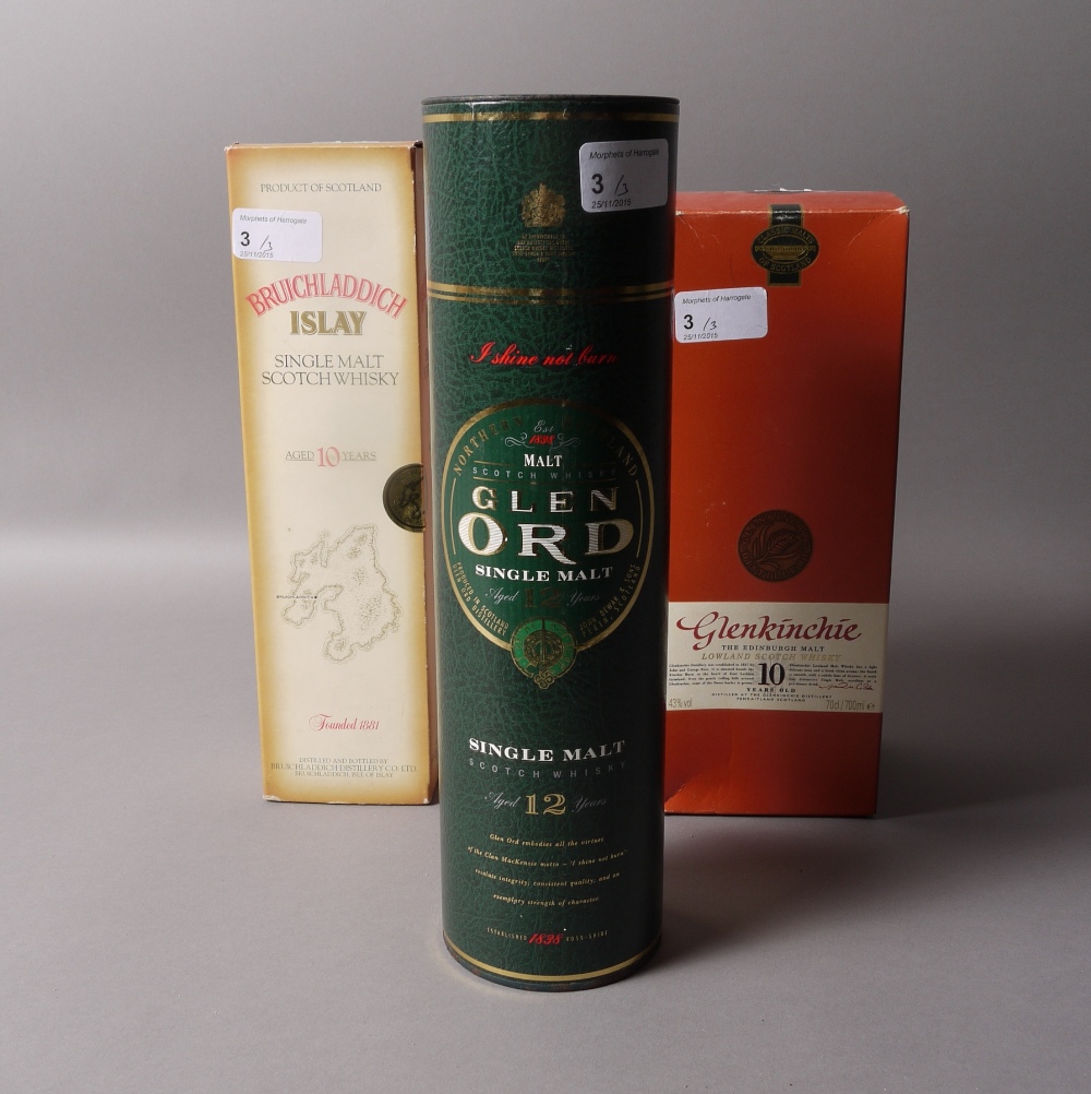 Bruichladdich 10 years old, 40% 75cl, tall bottle, label damaged, carton; Glen Ord 12 years old.