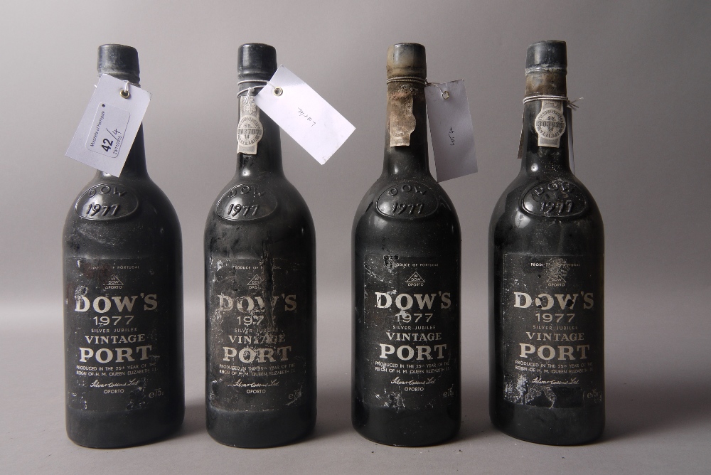 Dow's 1977 Vintage Port, 4 bottles, labels scuffed,