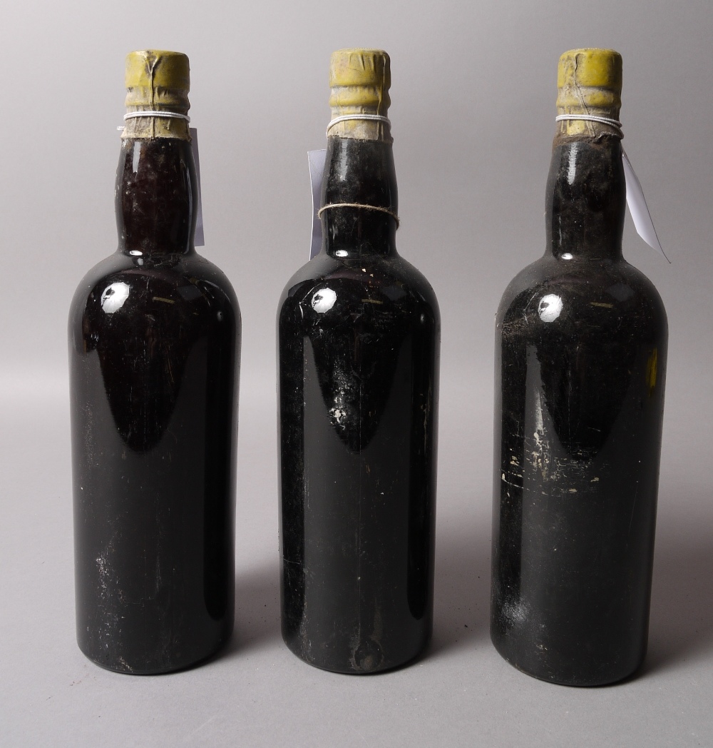 [Old Tawny Port], old two part moulded bottles, yellow lead capsules, 3 bottles,