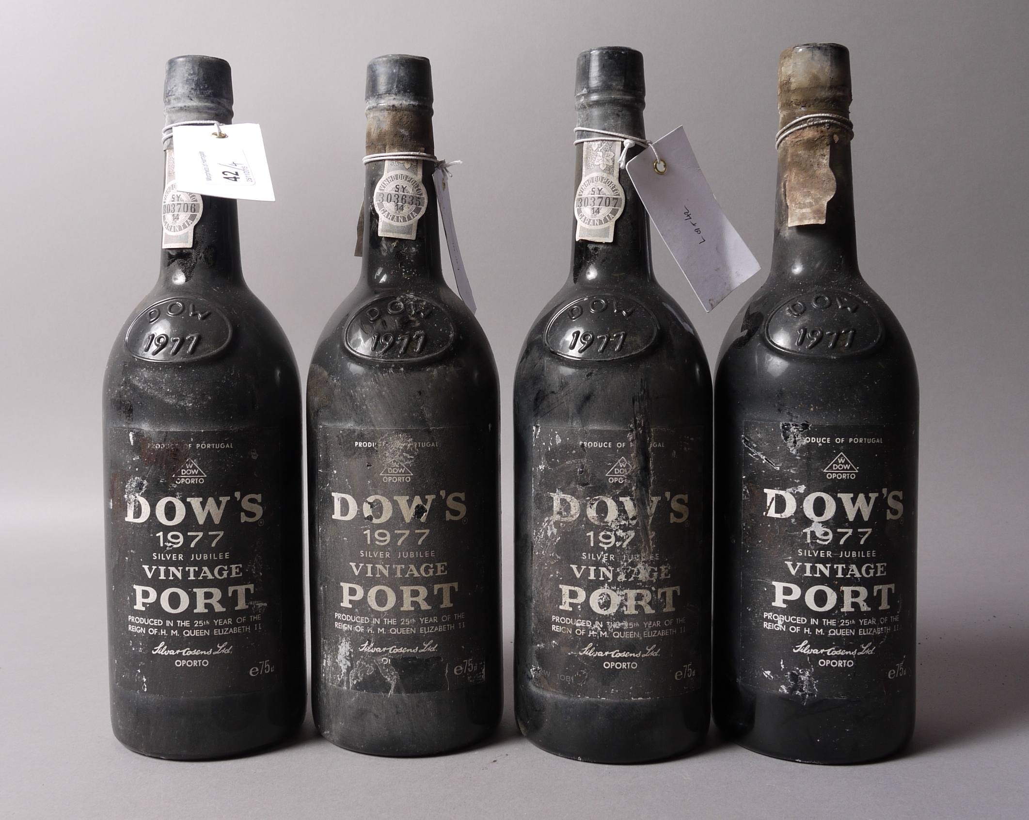 Dow's 1977 Vintage Port, 4 bottles, labels scuffed, - Image 2 of 2
