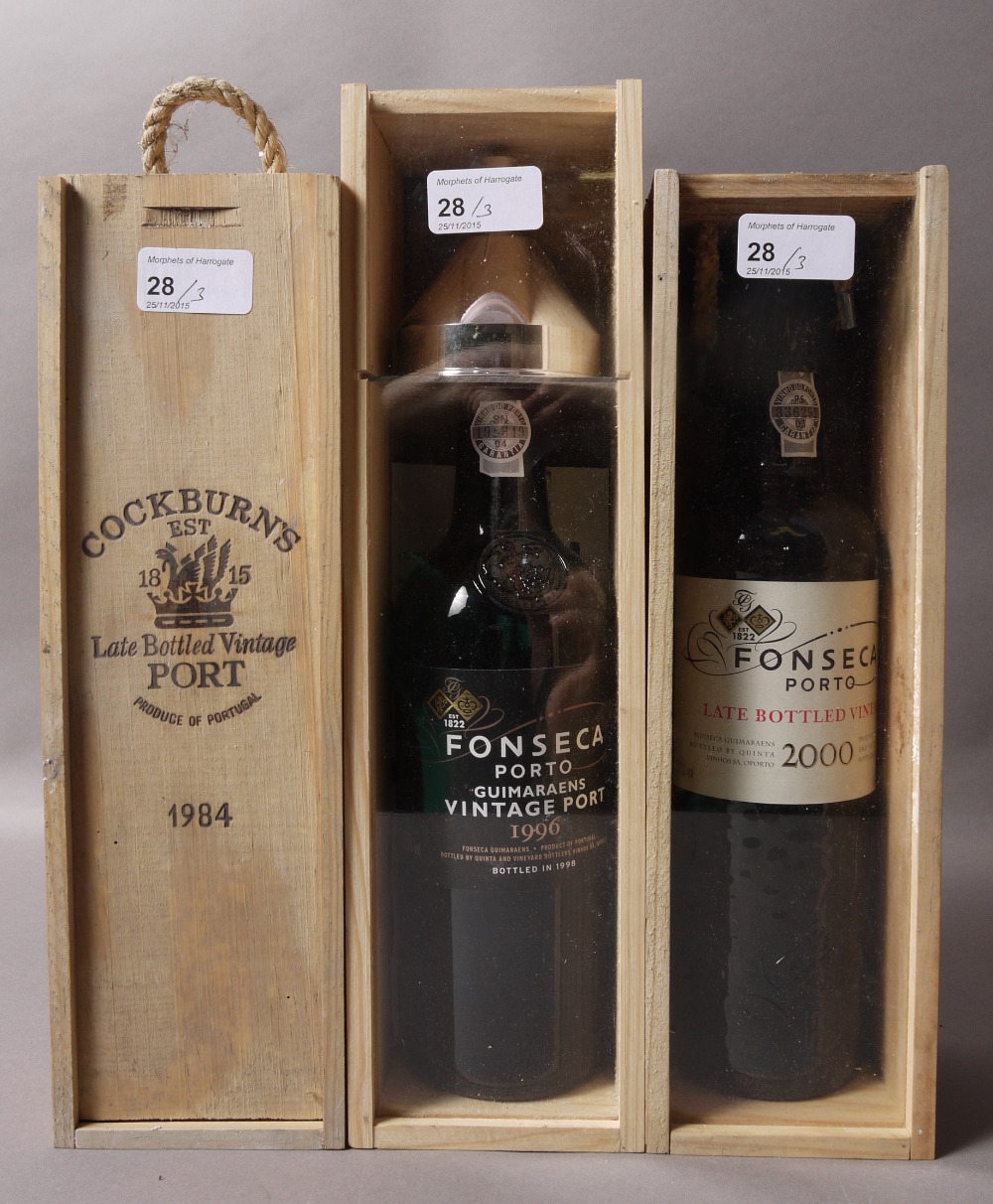 Fonseca Guimaraens 1996 Vintage Port, 1 bottle, presentation wood case; Cockburn's 1984 LBV Port,