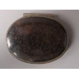 AN 18TH CENTURY SILVER TORTOISESHELL SNUFFBOX of oval form, the top with fine silver piquet work,