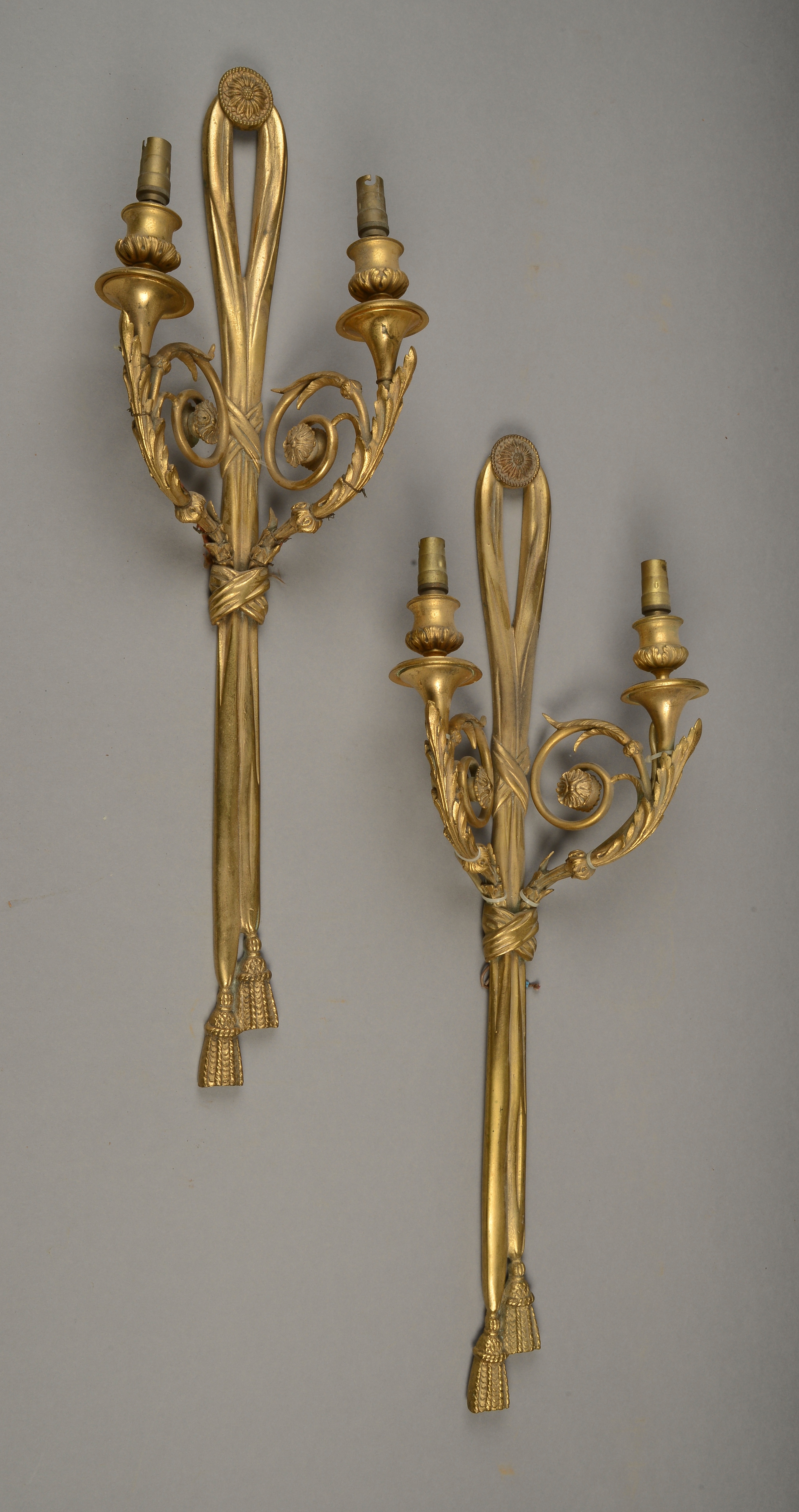 A PAIR OF GILT BRONZE DOUBLE WALL SCONCES,