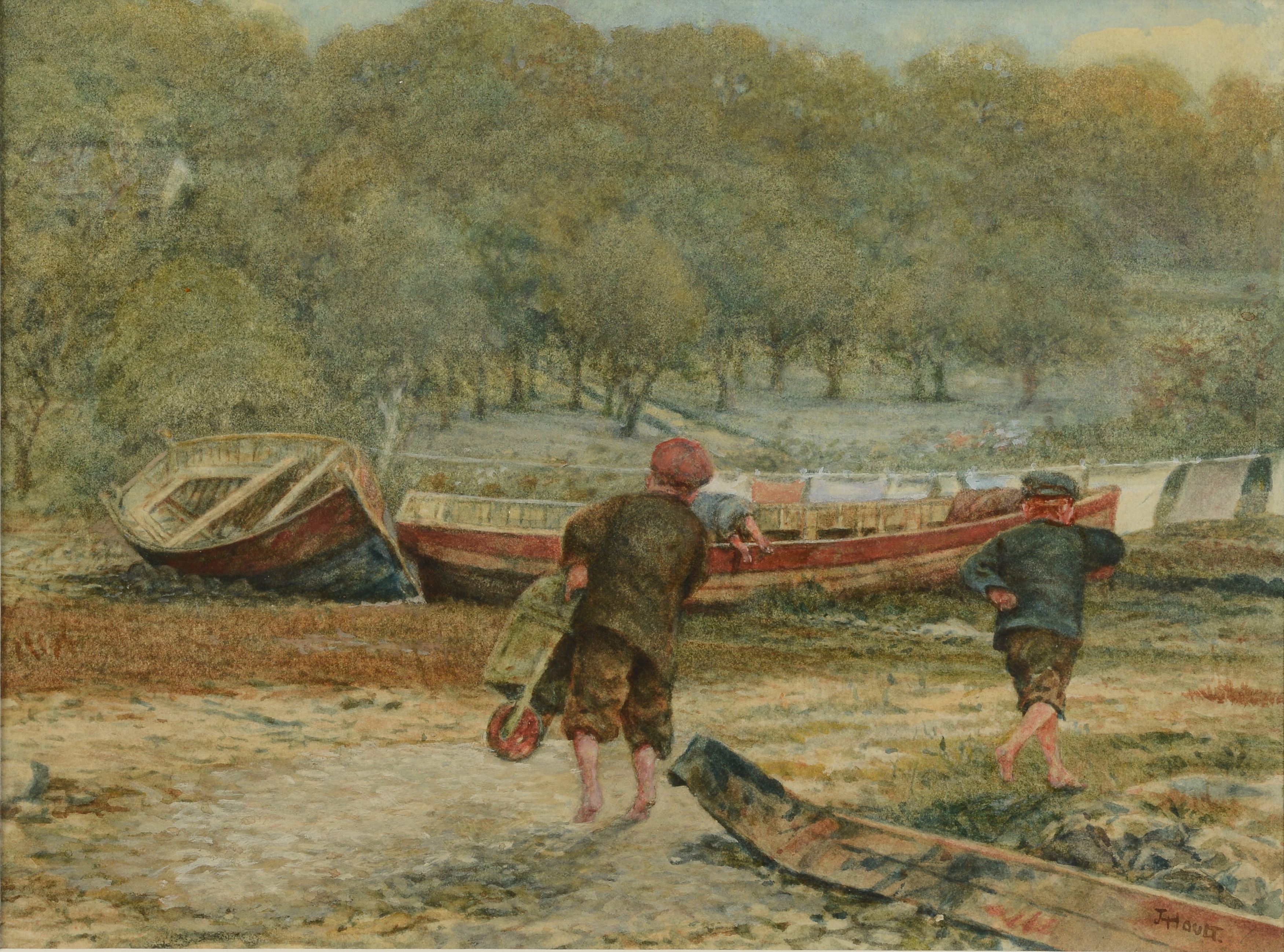 J HOULT (Early 20th century), Young boys playing amongst beached fishing boats, woodland beyond,