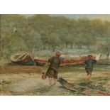 J HOULT (Early 20th century), Young boys playing amongst beached fishing boats, woodland beyond,