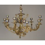 A CHAMPLÉVE ENAMEL AND BRASS CHANDELIER, probably by Elkington,