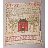 A 19TH CENTURY NEEDLEWORK SAMPLER worked with a red house flanked by trees and rabbits,