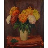 ARR PHILIP NAVIASKY (1894-1983), still life of chrysanthemums held in a stoneware vase, on a table,