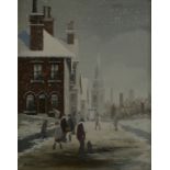 ARR BRIAN SHIELDS 'braaq' (1951-1997), Snow covered street scene with figures and dog, oil on board,