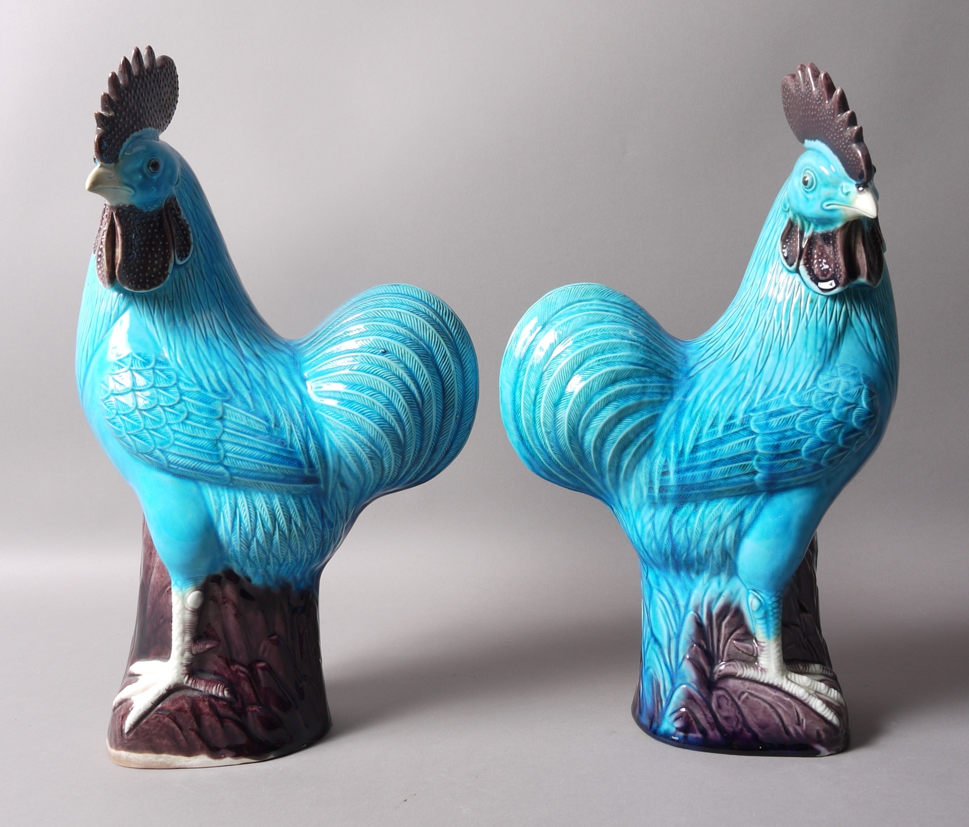 A PAIR OF CHINESE PORCELAIN COCKERELS in 18th century style,