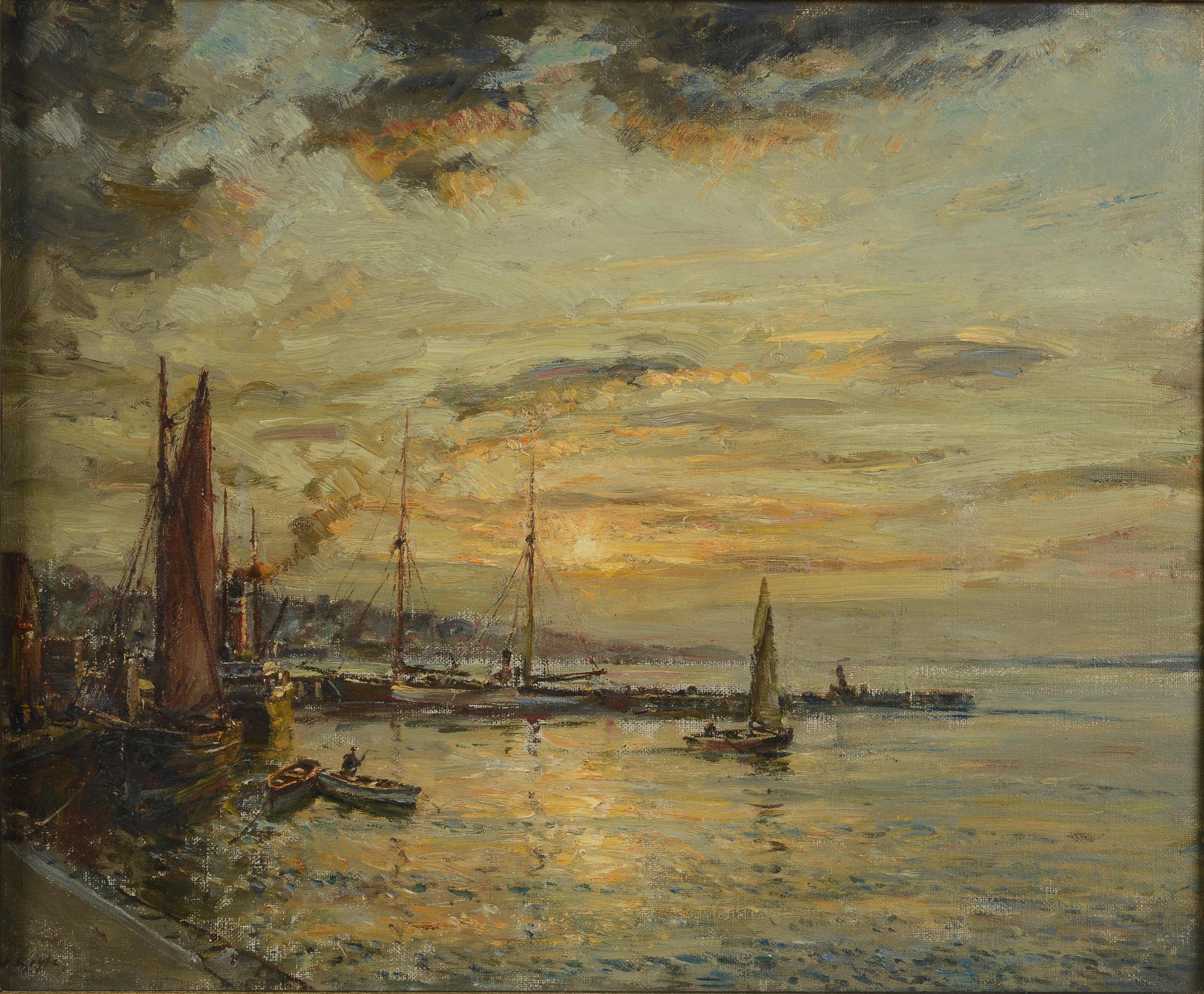 ARR HERBERT F ROYLE (1870-1958), 'Port Dinorwic', Welsh coast harbour scene at dusk, oil on canvas,