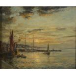 ARR HERBERT F ROYLE (1870-1958), 'Port Dinorwic', Welsh coast harbour scene at dusk, oil on canvas,
