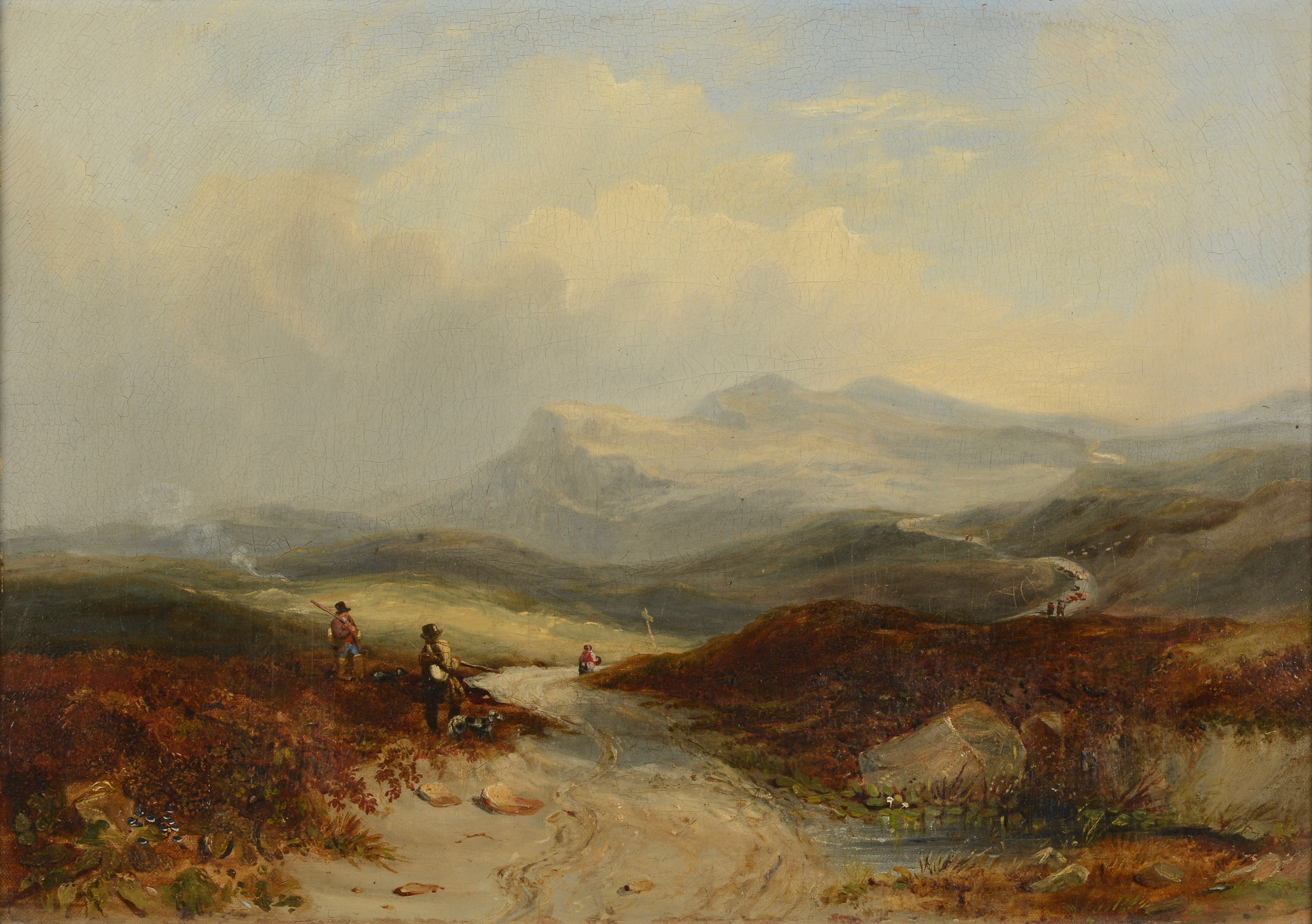 JOSEPH HORLOR (1809-1887), 'The Shooting Party', moorland with guns beside a track, oil on canvas,